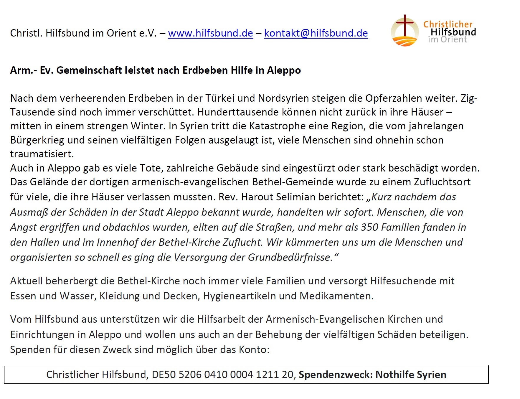 Erdbeben Aleppo Hilfsbund